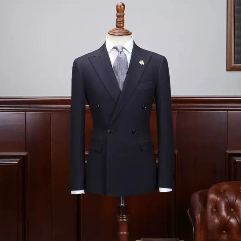 Classical Dark Blue Two Pieces Double Breasted Business Suits Peaked Lapel Formal Suits