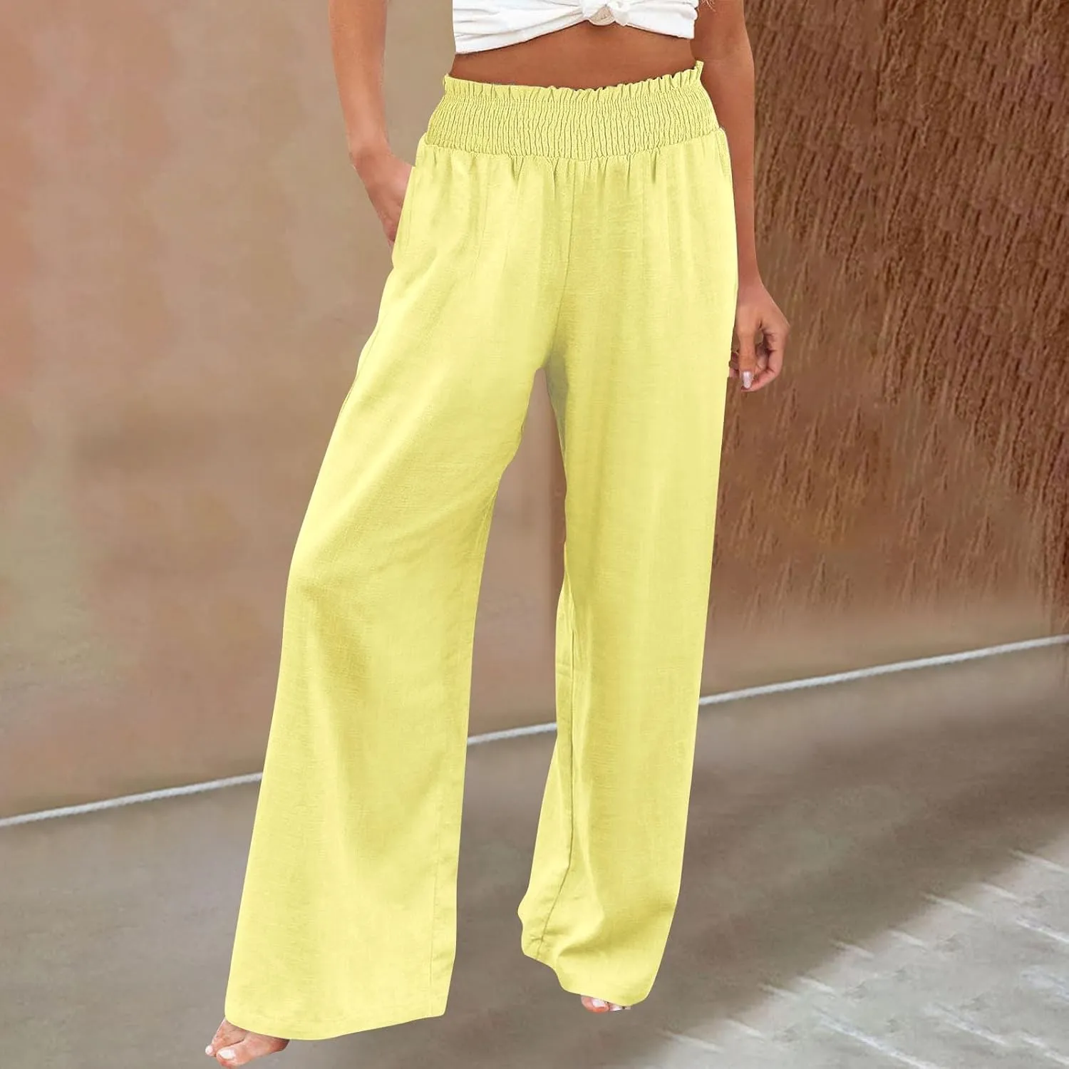 Clothes for Women Women Linen Palazzo Pants Wide Leg High Waist Summer Casual Boho Trousers Travel