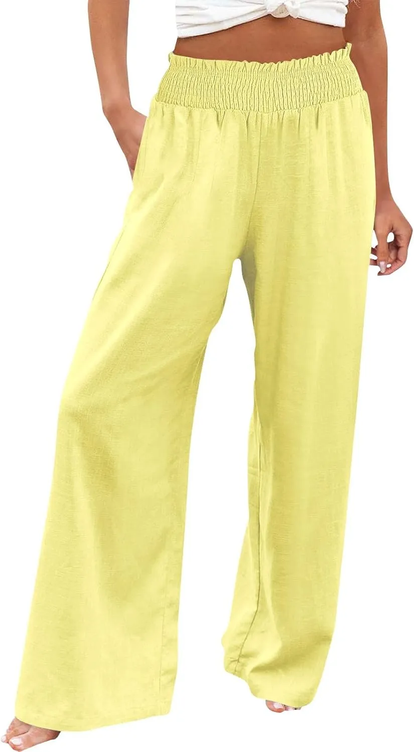 Clothes for Women Women Linen Palazzo Pants Wide Leg High Waist Summer Casual Boho Trousers Travel