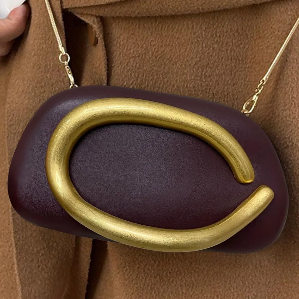 Clutch Purses for Women Gold Metal Evening Clutch Handbag Retro Burgundy Purse Chain Crossbody Bag Chic Party Bag