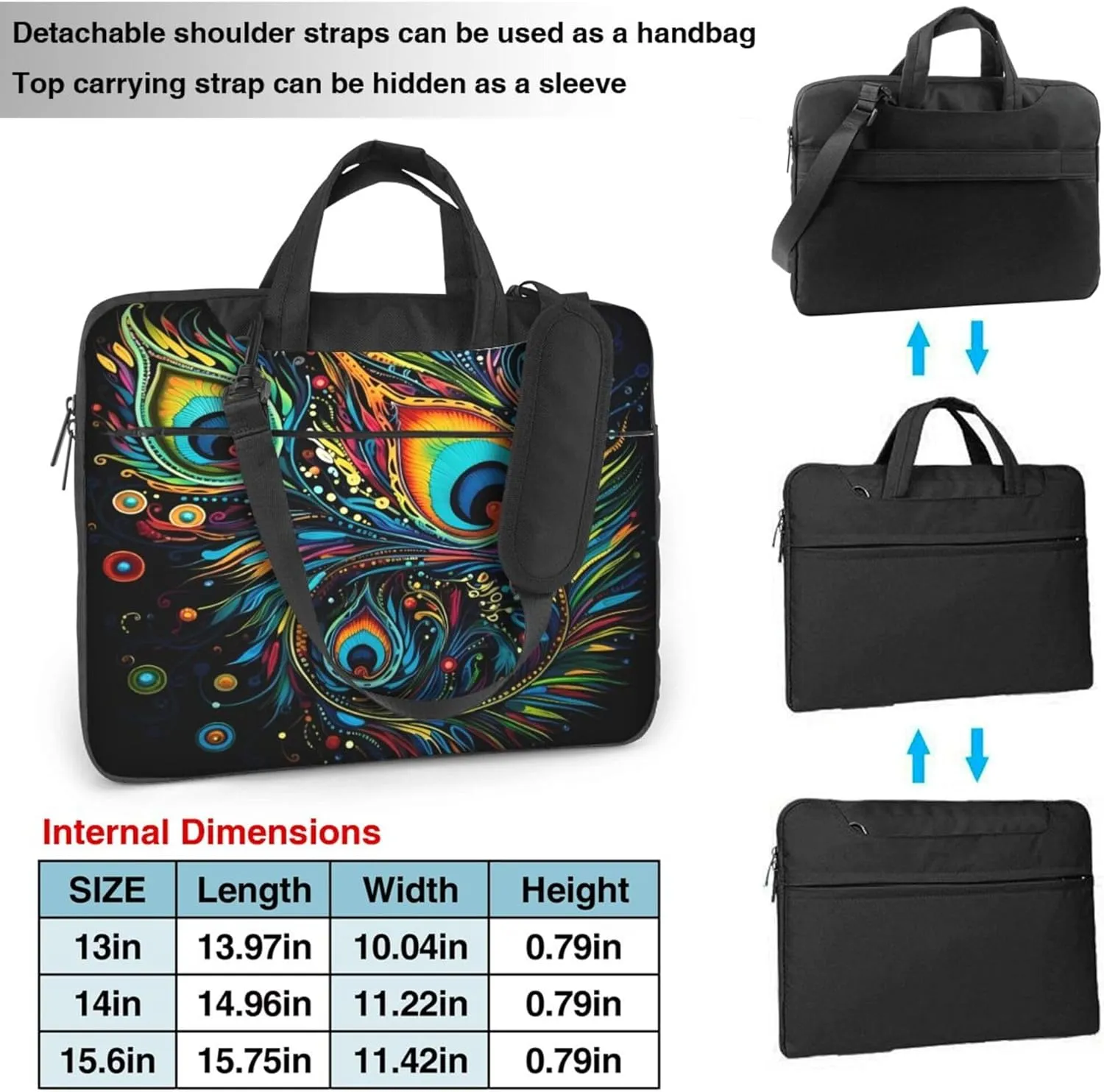 Coloful Peacock Feather Laptop Shoulder Bag for Women, Ethnic Painted Laptop Sleeve Case Durable Computer Bag