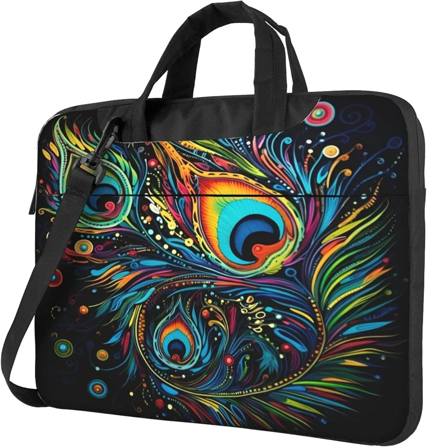 Coloful Peacock Feather Laptop Shoulder Bag for Women, Ethnic Painted Laptop Sleeve Case Durable Computer Bag