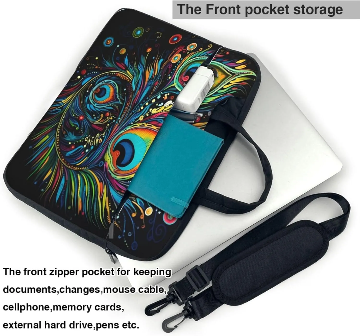 Coloful Peacock Feather Laptop Shoulder Bag for Women, Ethnic Painted Laptop Sleeve Case Durable Computer Bag