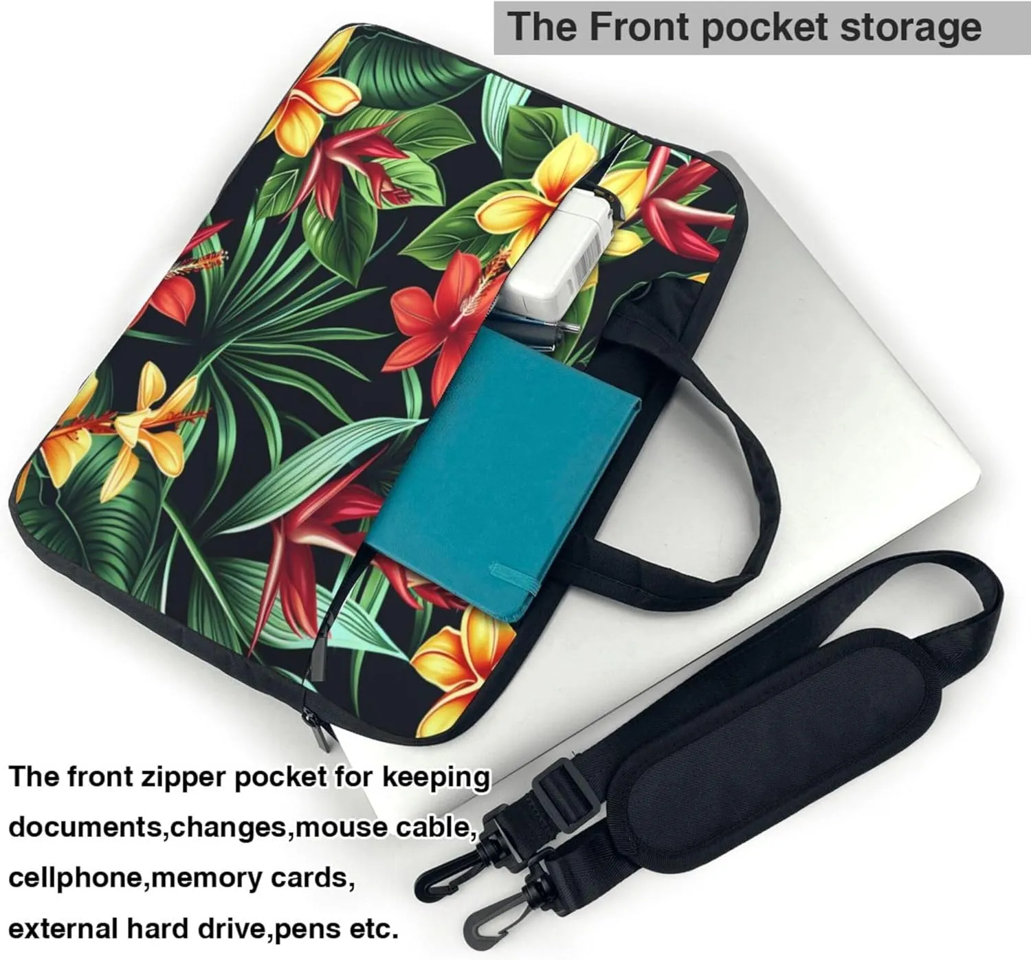Colored Flowers Laptop Shoulder Bag for Women, Tropical Floral Laptop Sleeve Case Durable Computer Bag