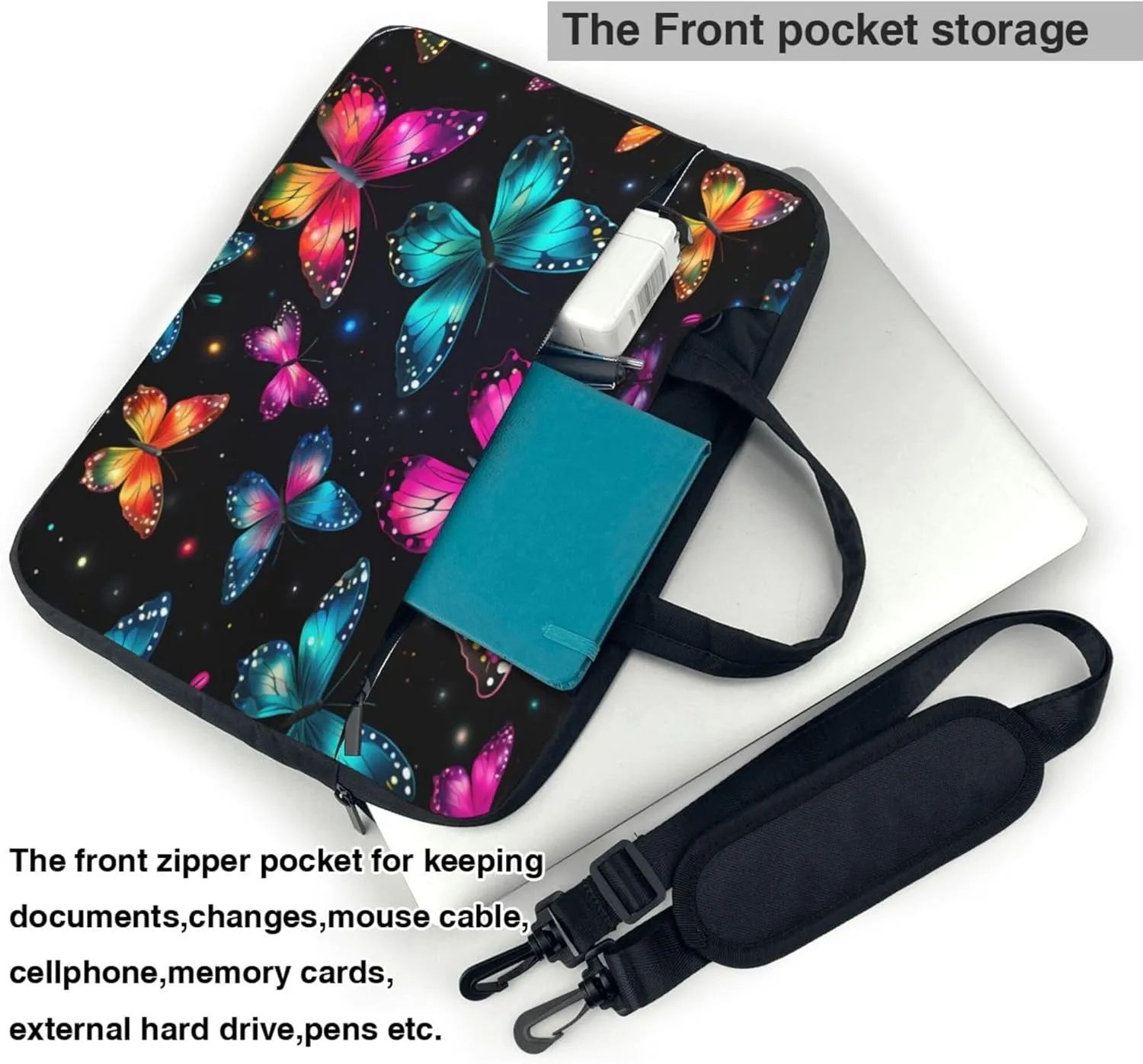Colorful Butterfly Laptop Shoulder Bag for Women, Glow Animal Laptop Sleeve Case Durable Computer Bag