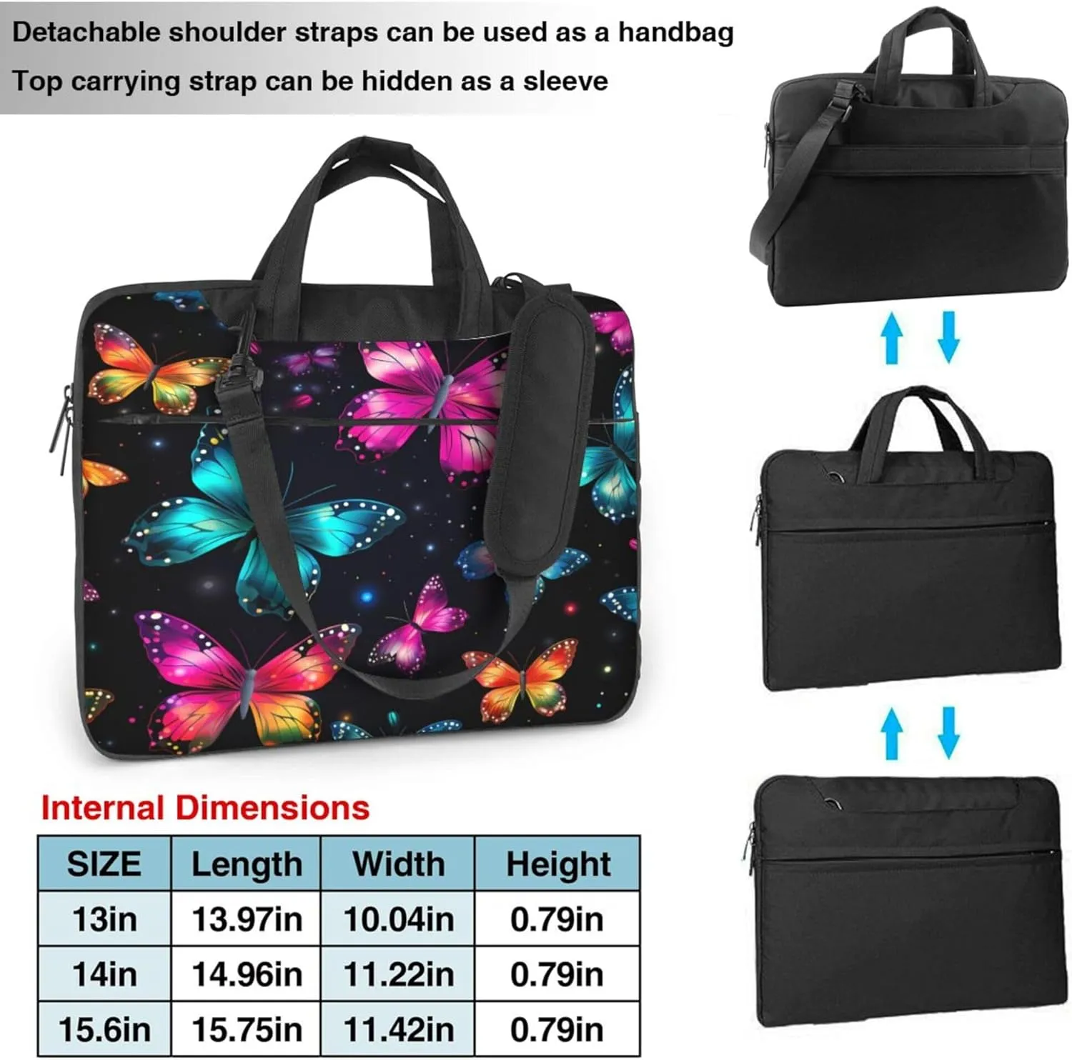 Colorful Butterfly Laptop Shoulder Bag for Women, Glow Animal Laptop Sleeve Case Durable Computer Bag
