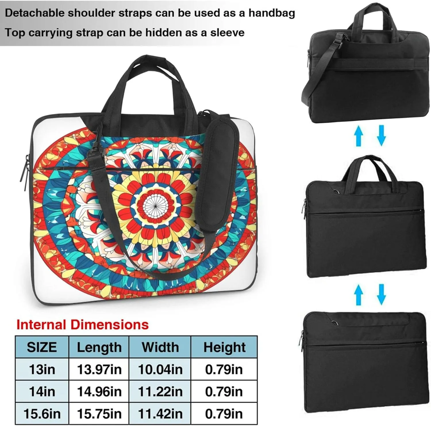 Colorful Circle Mandala Flower Laptop Shoulder Bag for Women, Laptop Sleeve Case Durable Computer Bag