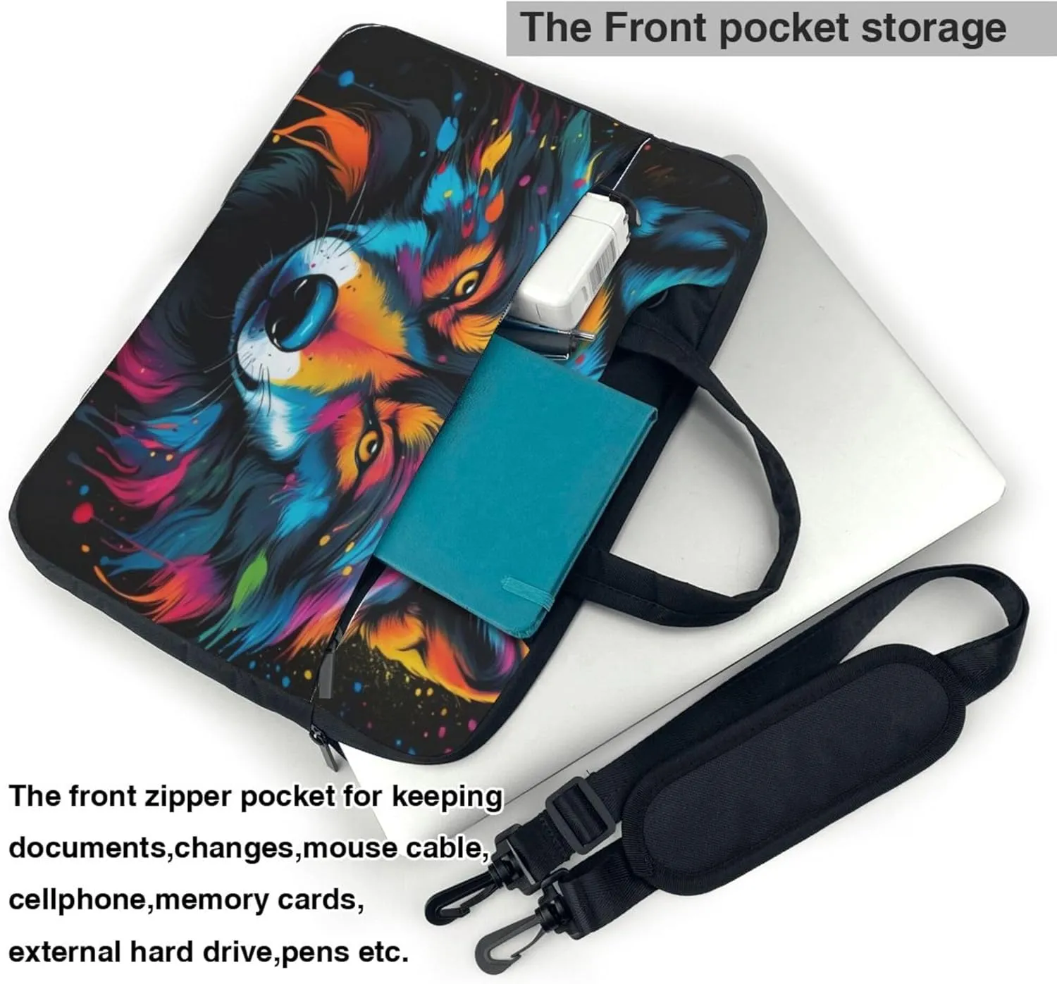 Colorful Dog Laptop Shoulder Bag for Women, Watercolor Animal Laptop Sleeve Case Durable Computer Bag