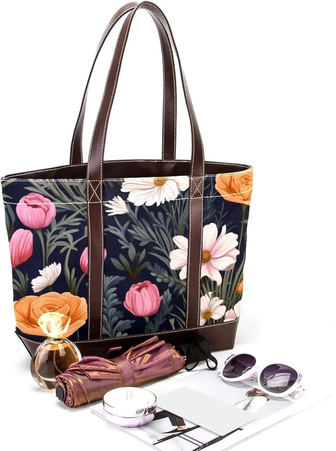 Colorful Flowers-1530 Shoulder Purses for Women Large Soft Washed Leather Purses and Durable Handbags