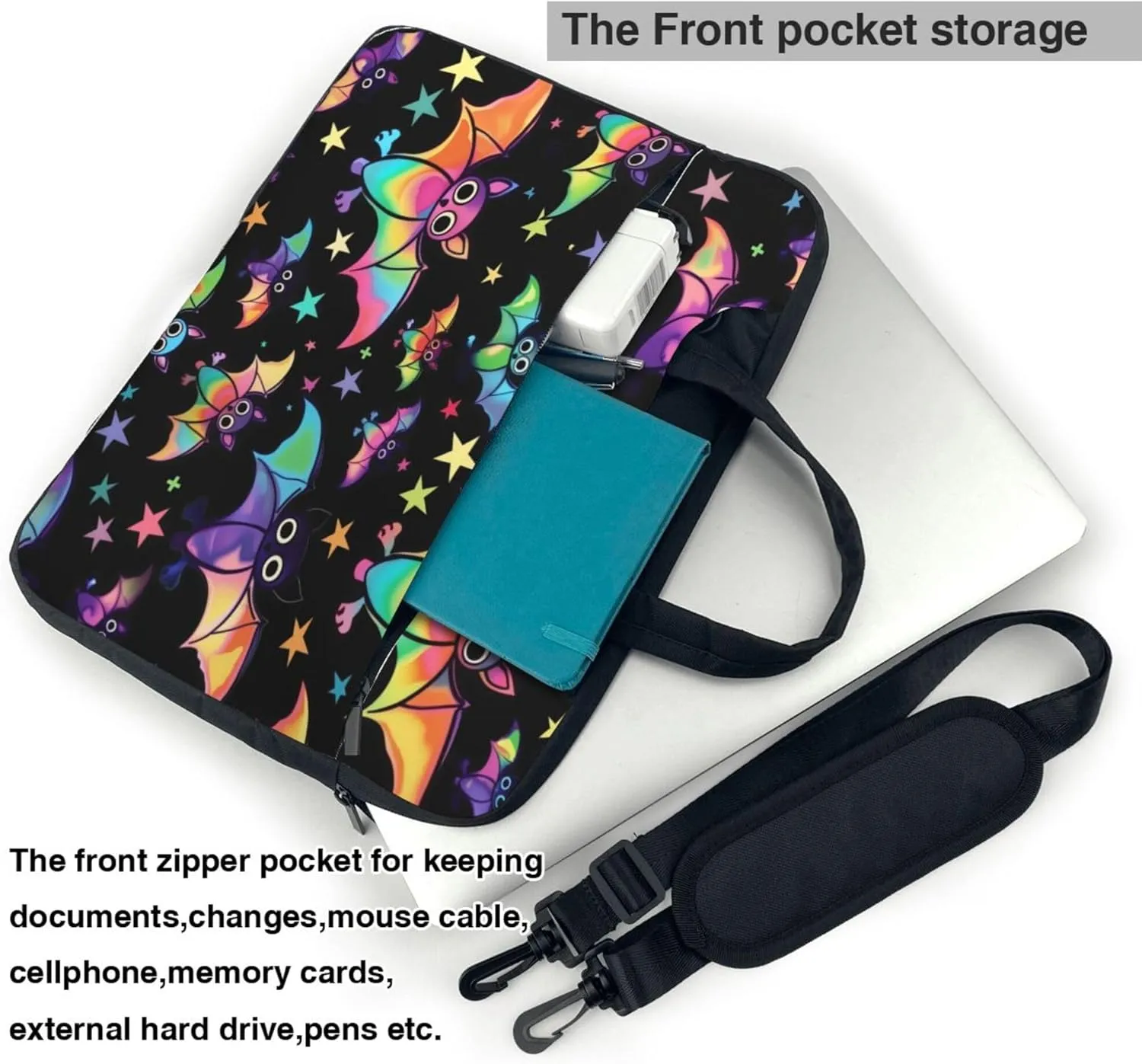 Colorful Halloween Bat Laptop Shoulder Bag for Women, Laptop Sleeve Case Durable Computer Bag