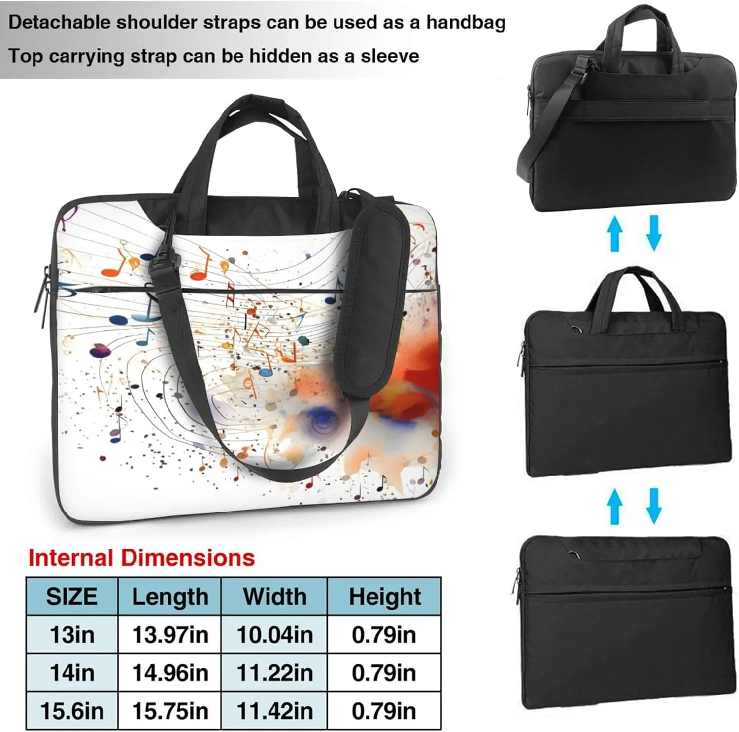 Colorful Musical Notes Laptop Shoulder Bag for Women, Laptop Sleeve Case Durable Computer Bag