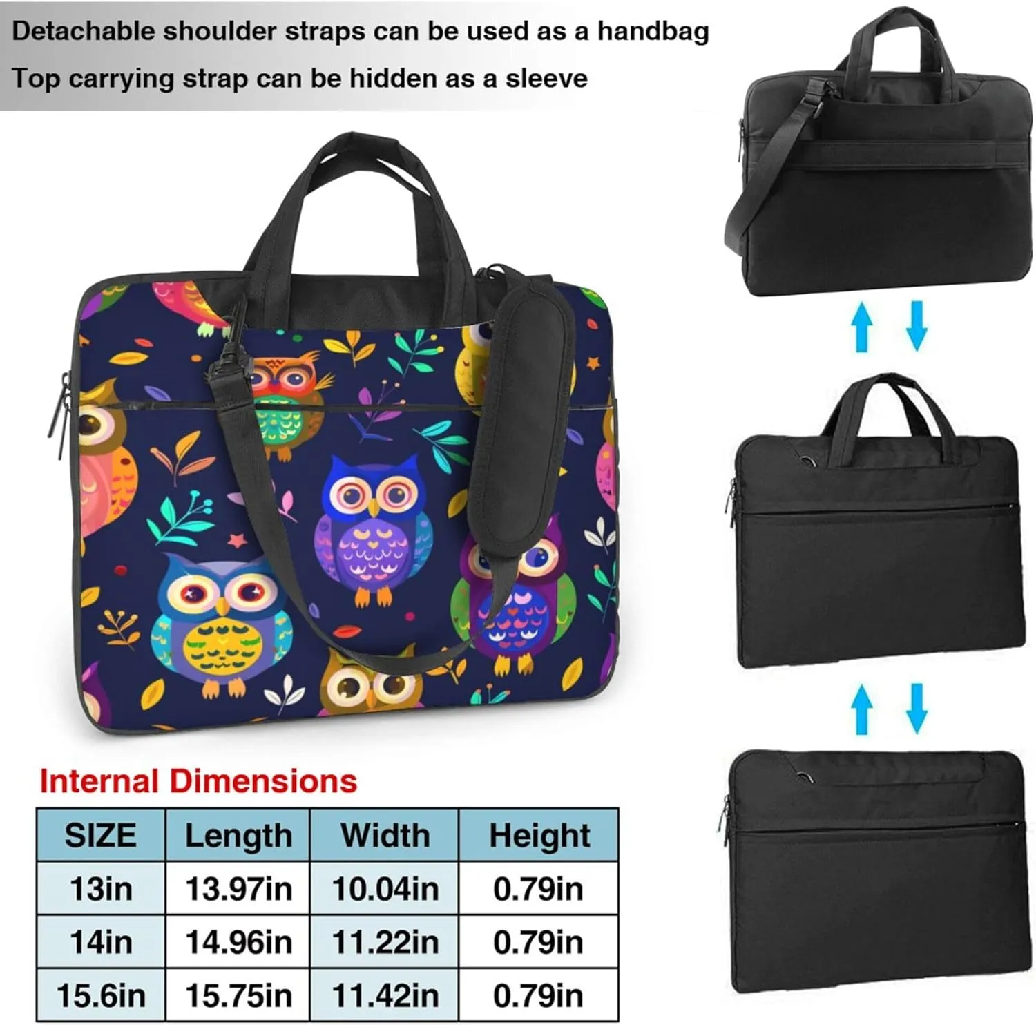 Colorful Owl Bird Laptop Shoulder Bag for Women, Laptop Sleeve Case Durable Computer Bag