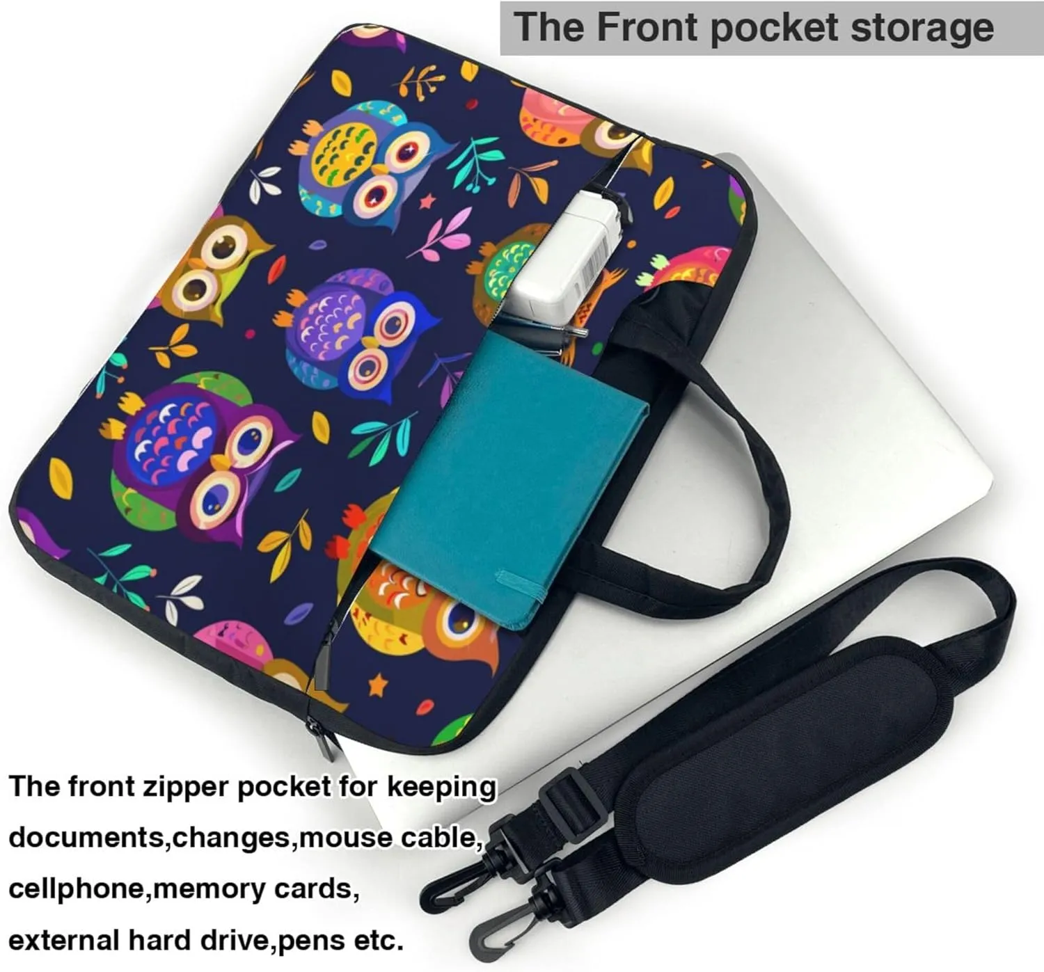 Colorful Owl Bird Laptop Shoulder Bag for Women, Laptop Sleeve Case Durable Computer Bag