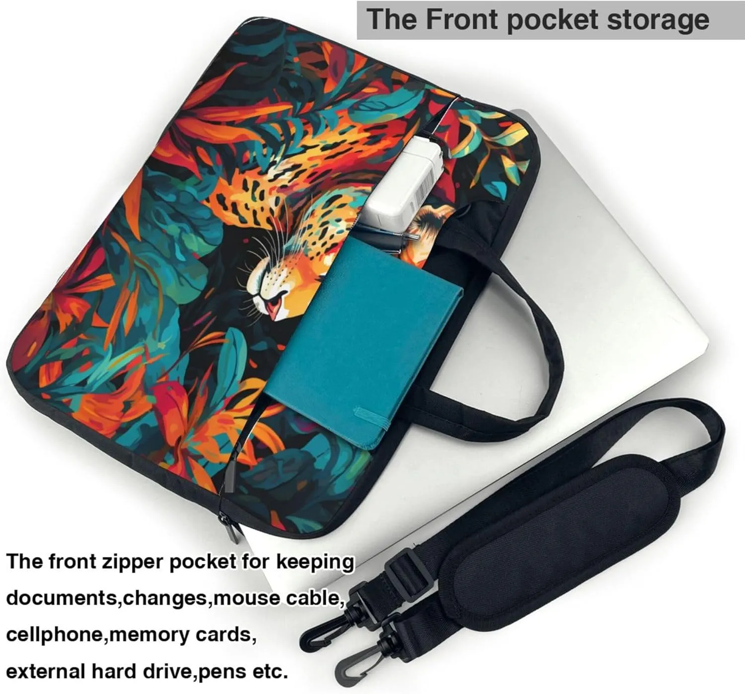 Colorful Tiger Laptop Shoulder Bag for Women, Animal Leaves Laptop Sleeve Case Durable Computer Bag