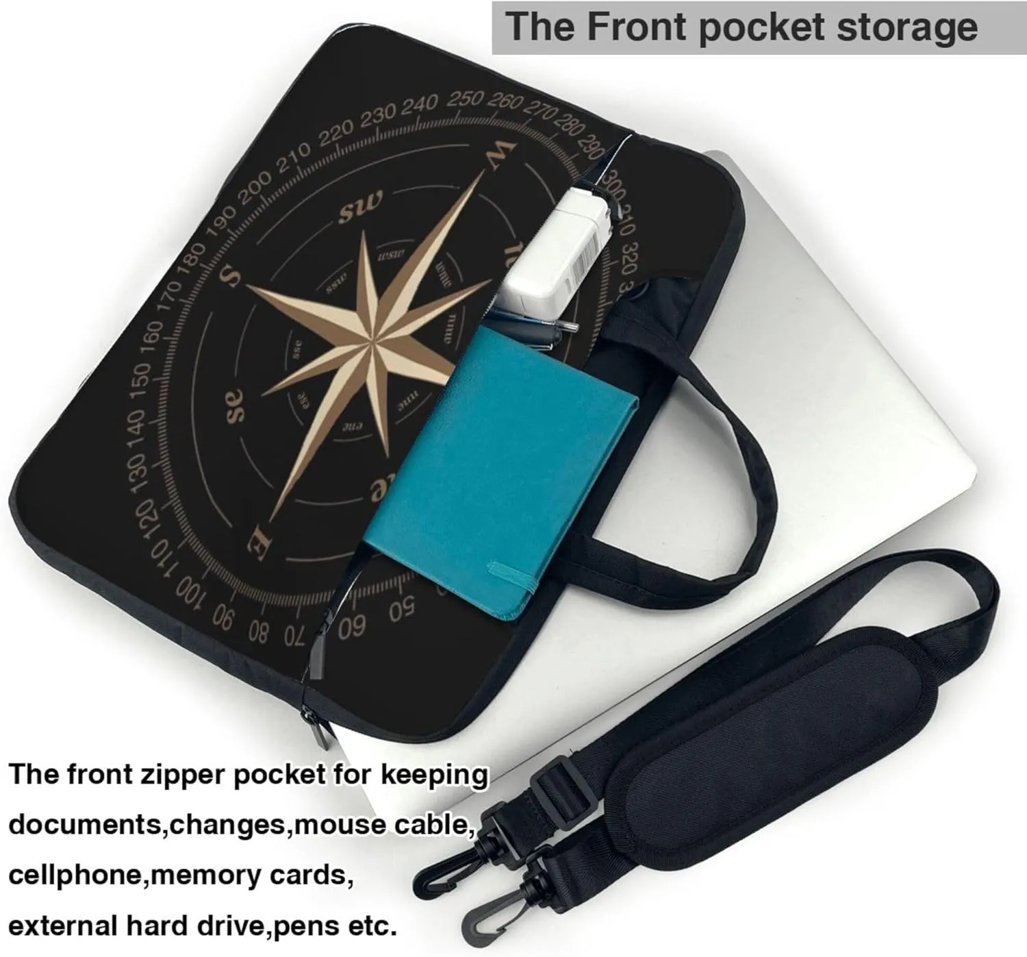 Compass Rose Laptop Shoulder Bag for Women, Artwork Black Laptop Sleeve Case Durable Computer Bag