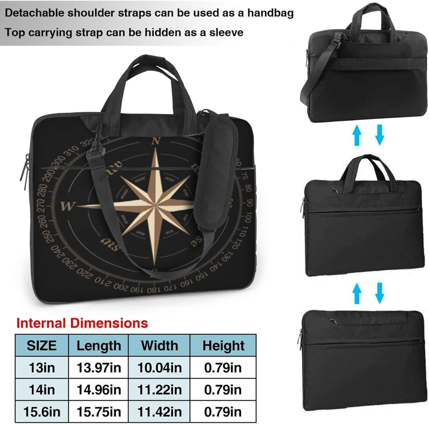 Compass Rose Laptop Shoulder Bag for Women, Artwork Black Laptop Sleeve Case Durable Computer Bag