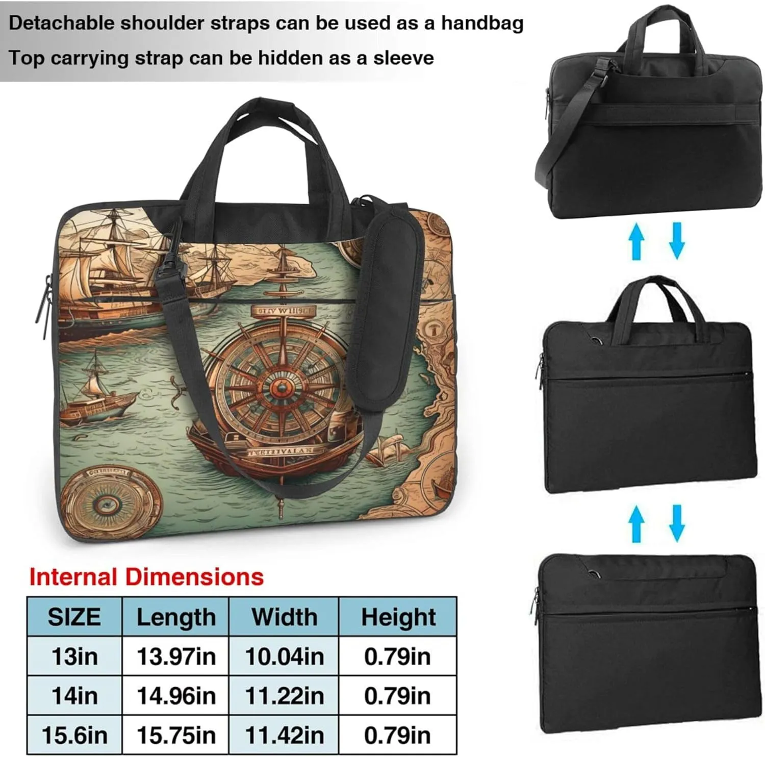 Compass Sailboat Nautical Compass Laptop Shoulder Bag for Women, Laptop Sleeve Case Durable Computer Bag