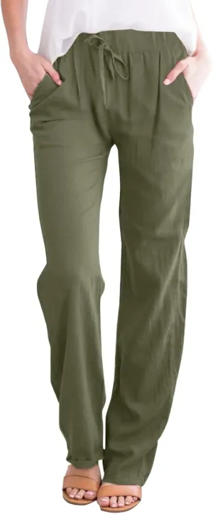 Cotton Linen Pants for Women Printed Capri Pant Plus Size Wide Leg Sweatpants Summer Cropped Elastic Waist Trousers