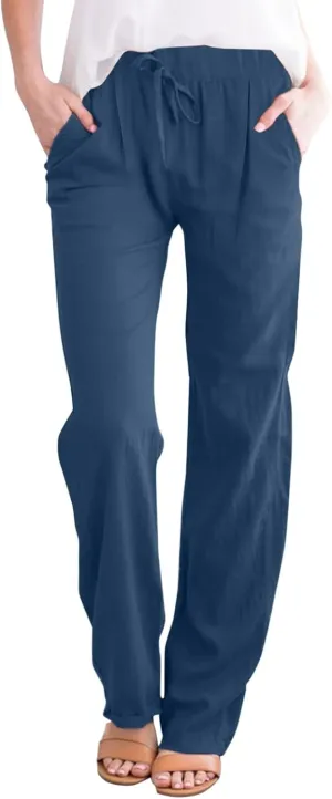 Cotton Linen Pants for Women Printed Capri Pant Plus Size Wide Leg Sweatpants Summer Cropped Elastic Waist Trousers