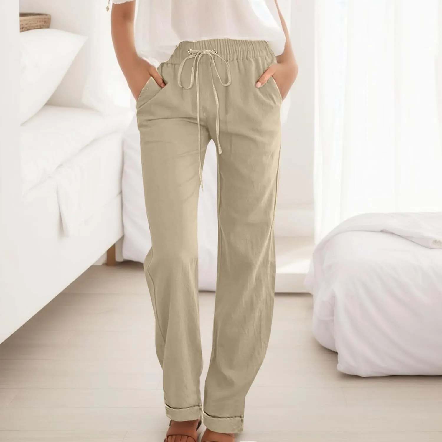 Cotton Linen Pants for Women Printed Capri Pant Plus Size Wide Leg Sweatpants Summer Cropped Elastic Waist Trousers