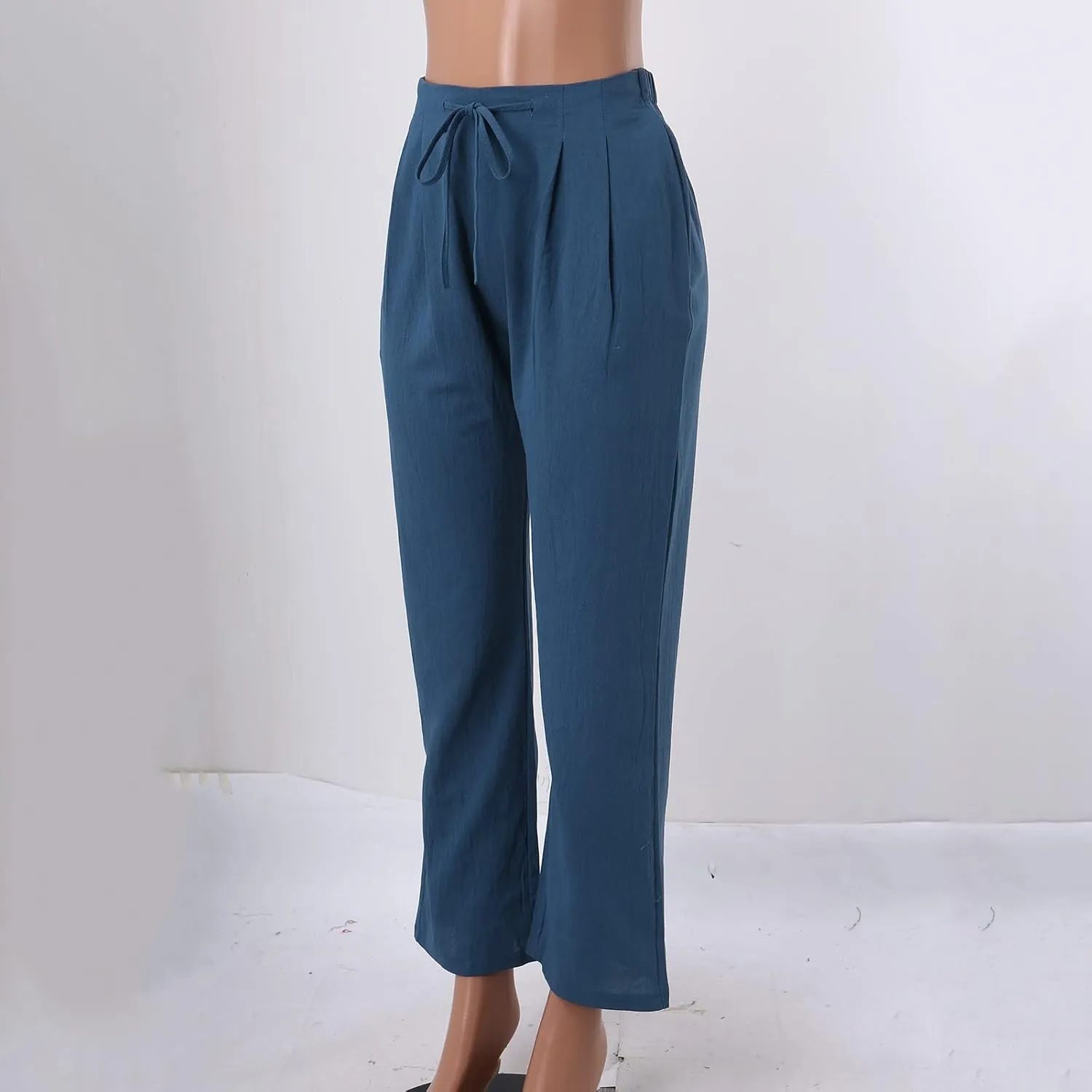 Cotton Linen Pants for Women Printed Capri Pant Plus Size Wide Leg Sweatpants Summer Cropped Elastic Waist Trousers