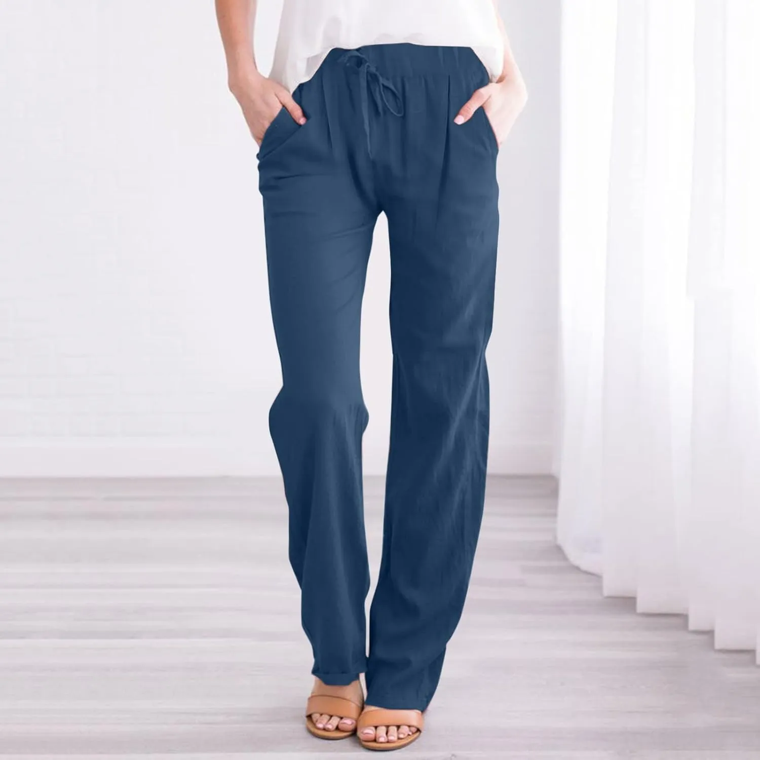 Cotton Linen Pants for Women Printed Capri Pant Plus Size Wide Leg Sweatpants Summer Cropped Elastic Waist Trousers