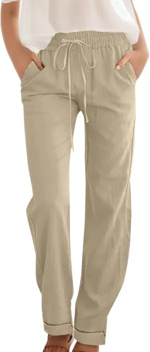Cotton Linen Pants for Women Printed Capri Pant Plus Size Wide Leg Sweatpants Summer Cropped Elastic Waist Trousers