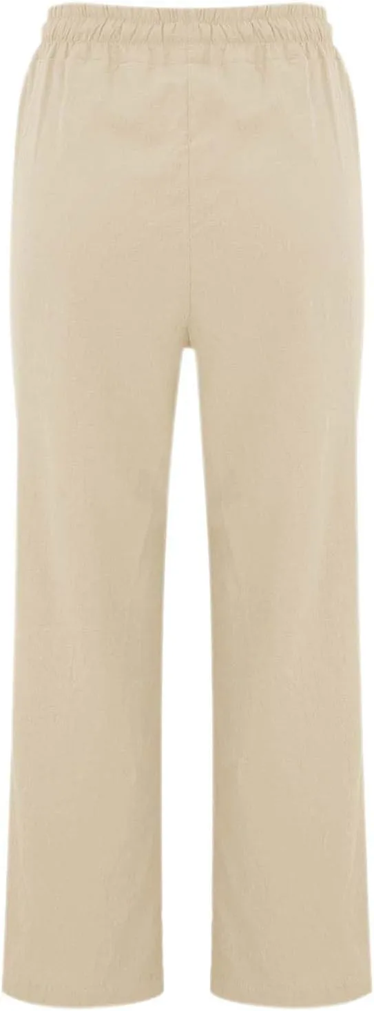 Cotton Linen Pants for Women Printed Capri Pant Plus Size Wide Leg Sweatpants Summer Cropped Elastic Waist Trousers