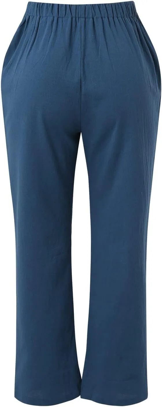 Cotton Linen Pants for Women Printed Capri Pant Plus Size Wide Leg Sweatpants Summer Cropped Elastic Waist Trousers