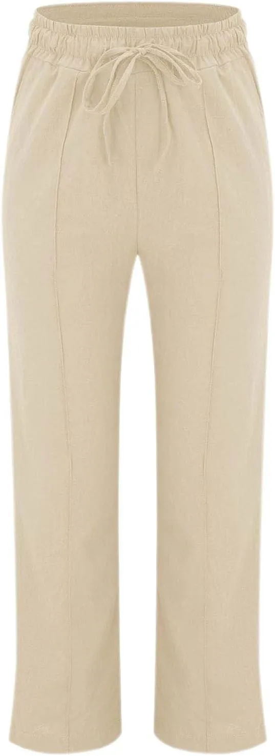 Cotton Linen Pants for Women Printed Capri Pant Plus Size Wide Leg Sweatpants Summer Cropped Elastic Waist Trousers