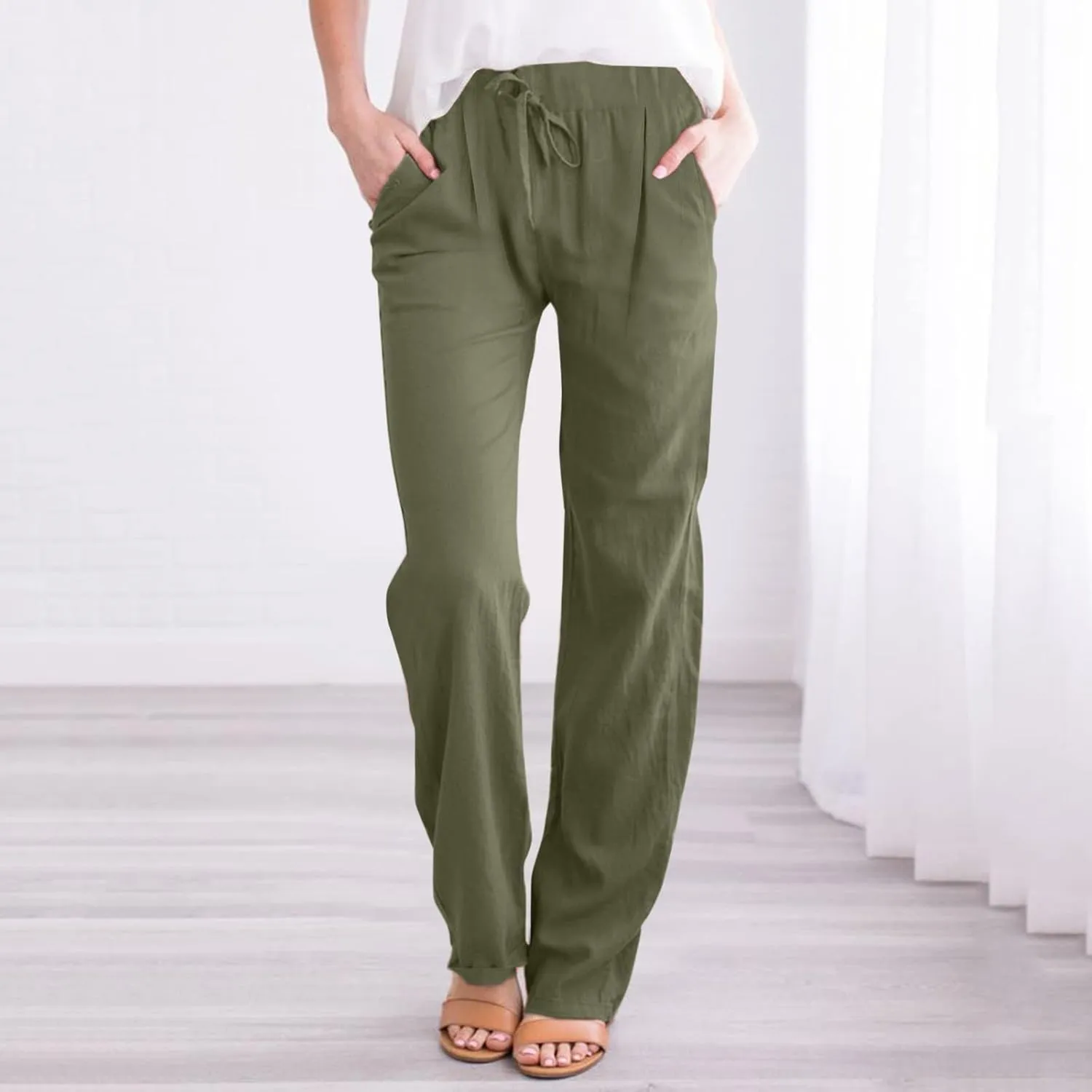 Cotton Linen Pants for Women Printed Capri Pant Plus Size Wide Leg Sweatpants Summer Cropped Elastic Waist Trousers