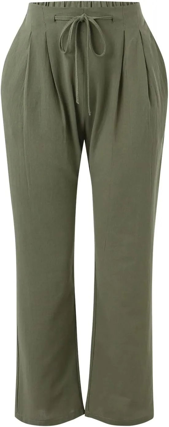 Cotton Linen Pants for Women Printed Capri Pant Plus Size Wide Leg Sweatpants Summer Cropped Elastic Waist Trousers