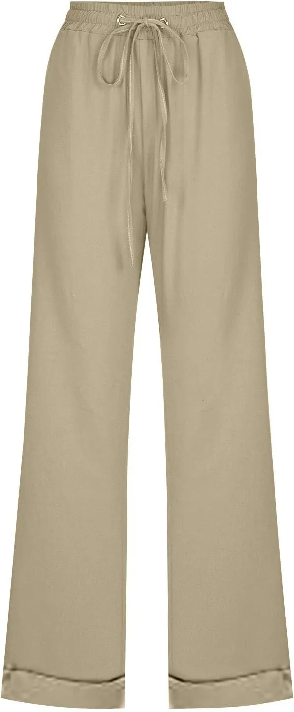 Cotton Linen Pants for Women Printed Capri Pant Plus Size Wide Leg Sweatpants Summer Cropped Elastic Waist Trousers