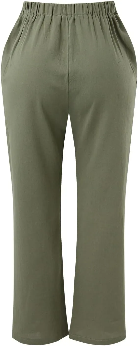 Cotton Linen Pants for Women Printed Capri Pant Plus Size Wide Leg Sweatpants Summer Cropped Elastic Waist Trousers