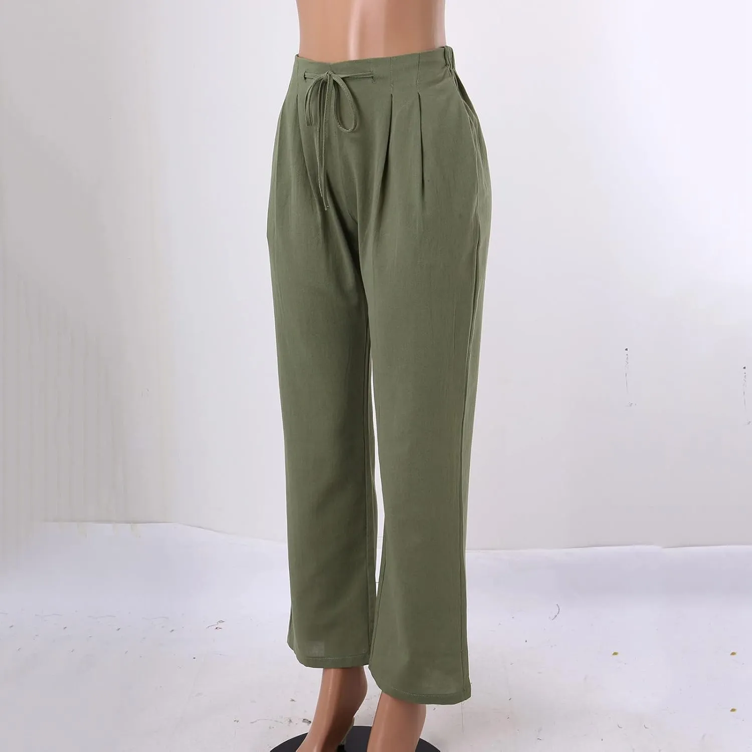 Cotton Linen Pants for Women Printed Capri Pant Plus Size Wide Leg Sweatpants Summer Cropped Elastic Waist Trousers
