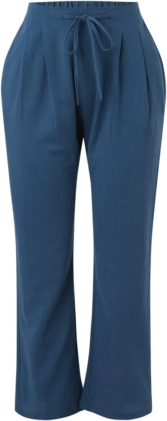 Cotton Linen Pants for Women Printed Capri Pant Plus Size Wide Leg Sweatpants Summer Cropped Elastic Waist Trousers