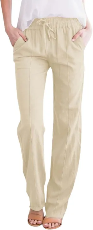 Cotton Linen Pants for Women Printed Capri Pant Plus Size Wide Leg Sweatpants Summer Cropped Elastic Waist Trousers