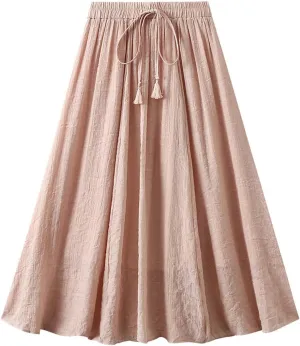 Cotton Linen Skirts for Women Stretchy High Waisted A Line Skirts Vintage Solid Color Drawstring Swing Midi Skirt