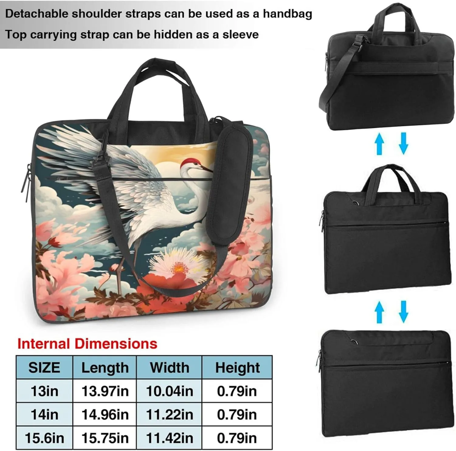 Crane Flower Japanese Bird Laptop Shoulder Bag for Women, Laptop Sleeve Case Durable Computer Bag