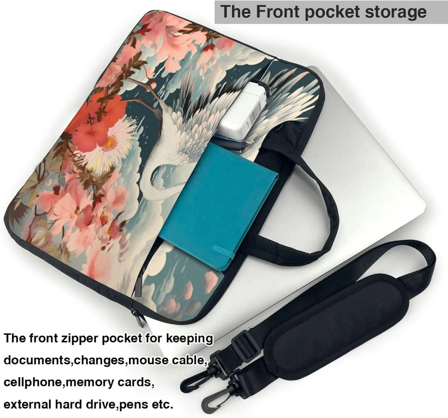 Crane Flower Japanese Bird Laptop Shoulder Bag for Women, Laptop Sleeve Case Durable Computer Bag