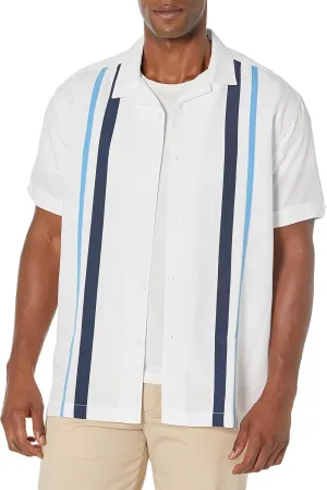 Cubavera Men's Tri-Color Camp Collar Retro Panel Short Sleeve Button-Down Shirt