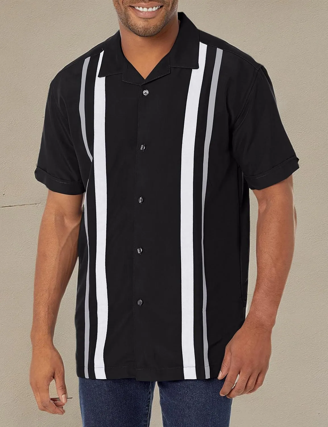 Cubavera Men's Tri-Color Camp Collar Retro Panel Short Sleeve Button-Down Shirt