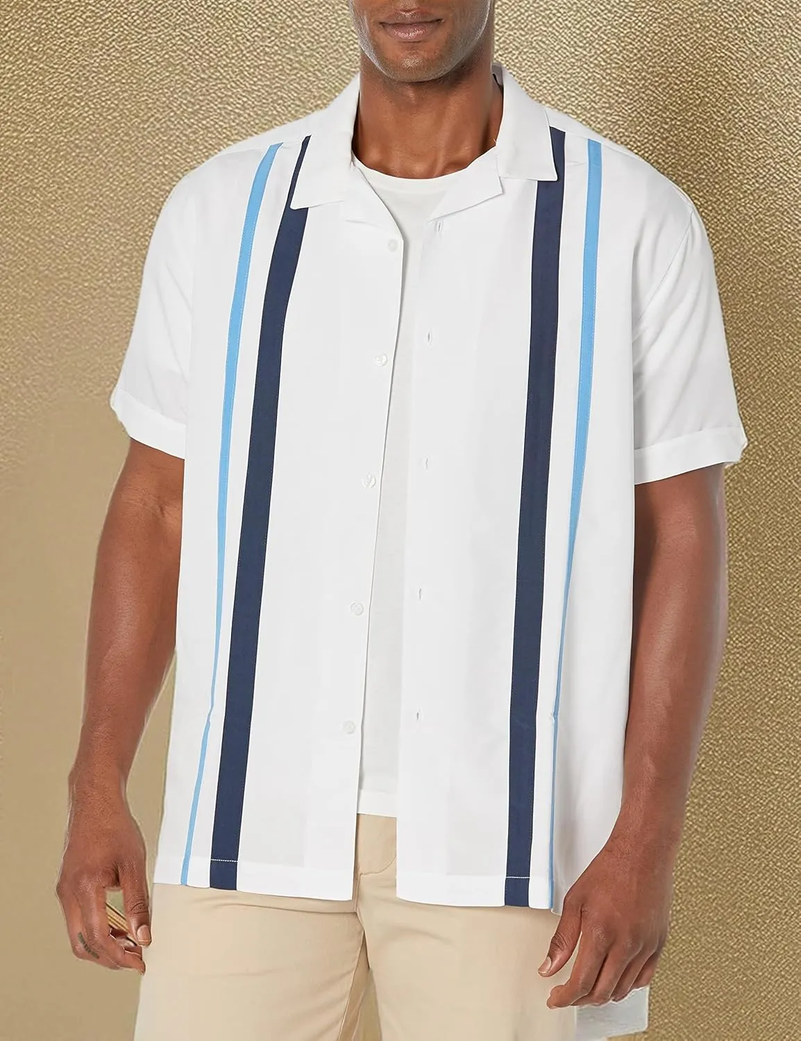 Cubavera Men's Tri-Color Camp Collar Retro Panel Short Sleeve Button-Down Shirt