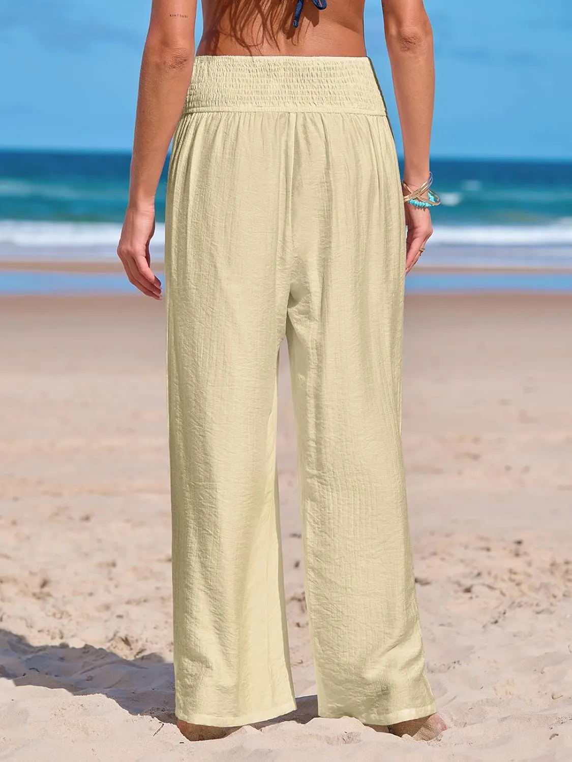 CUPSHE Women Swimsuit Cover Ups Pants High Waist Smokced Wide Leg Beach Vacation Outfits