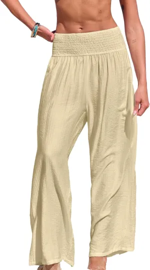 CUPSHE Women Swimsuit Cover Ups Pants High Waist Smokced Wide Leg Beach Vacation Outfits