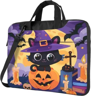 Cute Cat Laptop Shoulder Bag for Women, Halloween Pumpkin Bat Laptop Sleeve Case Durable Computer Bag