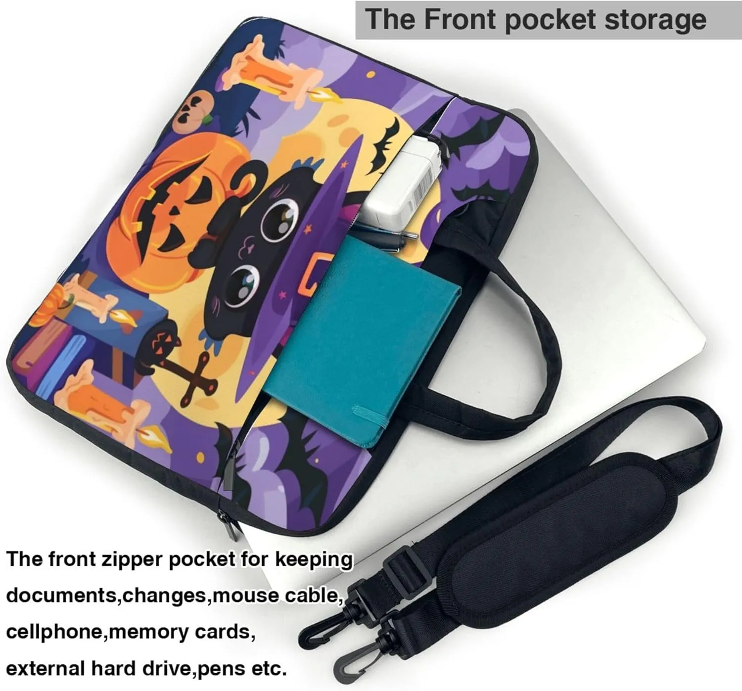 Cute Cat Laptop Shoulder Bag for Women, Halloween Pumpkin Bat Laptop Sleeve Case Durable Computer Bag
