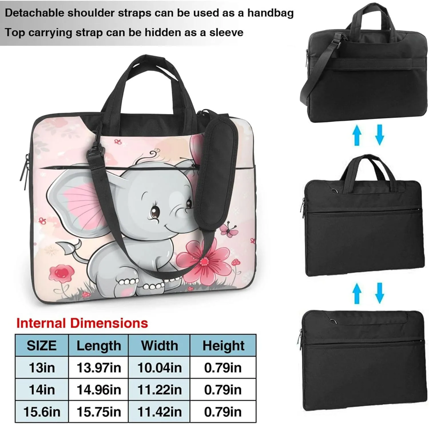 Cute Elephant Laptop Shoulder Bag for Women, Elephant Flower Laptop Sleeve Case Durable Computer Bag