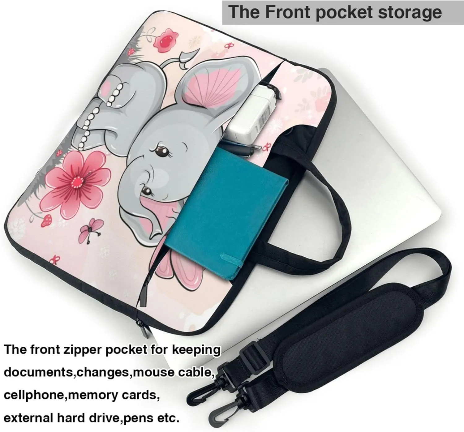 Cute Elephant Laptop Shoulder Bag for Women, Elephant Flower Laptop Sleeve Case Durable Computer Bag