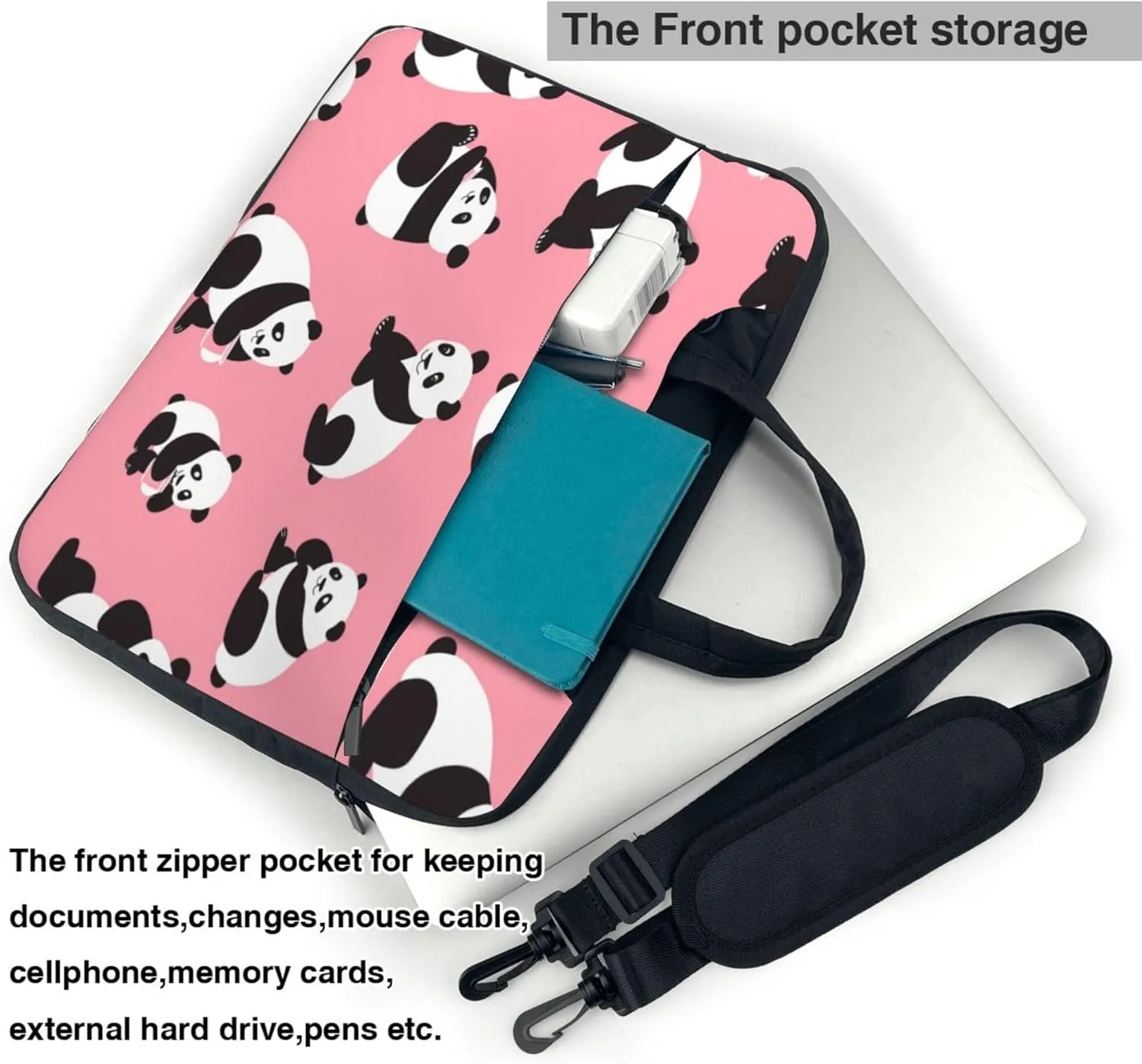 Cute Panda Pink Laptop Shoulder Bag for Women, Animal Pattern Laptop Sleeve Case Durable Computer Bag
